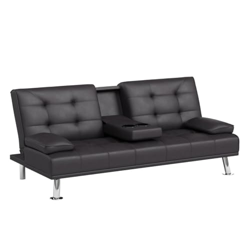 Faux Leather Futon Sofa Bed with Adjustable Sleeper for Living Room in Black