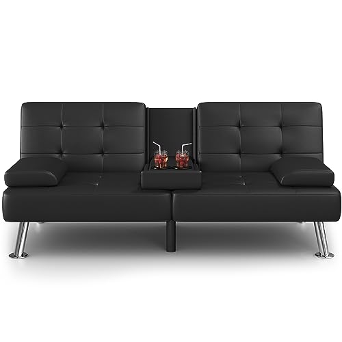 Folding Futon Sofa Bed with Removable Armrests & Cup Holders