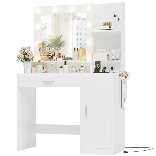 Makeup Vanity Desk with Mirror, Lights, Drawers, and Cabinet for Bedroom Dressing Room (White)