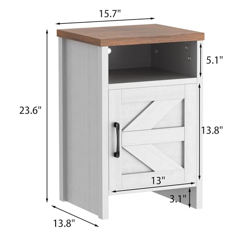 Modern Farmhouse Nightstand with Barn Door and Shelf for Bedroom/Living Room (Set of 2, White)
