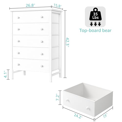 Modern White 5-Drawer Chest for Girls' and Kids' Bedroom Storage