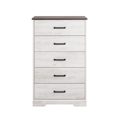 Rustic Ridge Farmhouse Dresser - White Washed Bedroom Chest of Drawers (5 Drawers)