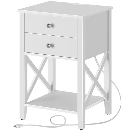 White Nightstand with Charging Station and Drawers for Bedroom