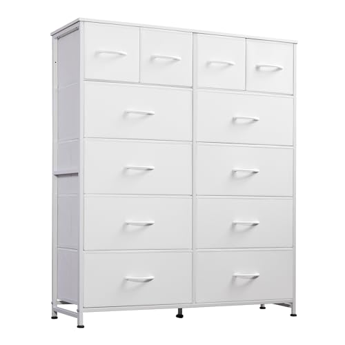 12-Drawer Fabric Tall Dresser for Bedroom Storage, White.