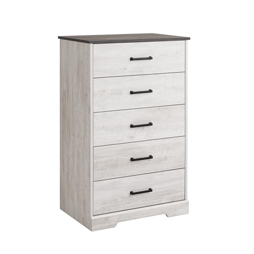 Rustic Ridge Farmhouse Dresser - White Washed Bedroom Chest of Drawers (5 Drawers)