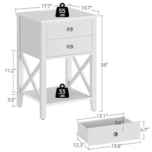 White Nightstand with Charging Station, 2 Drawers, and Power Outlets for Bedroom