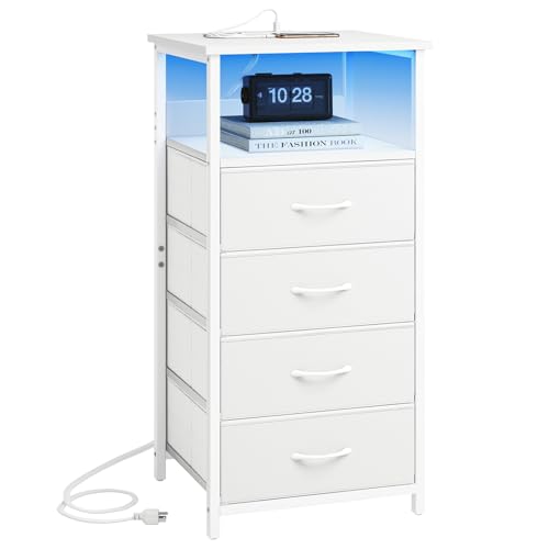 White Nightstand with Charging Station for Bedroom