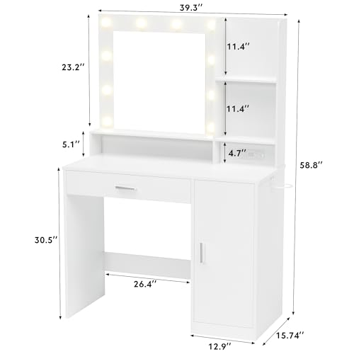 White Makeup Vanity Desk with Mirror, Lights & Drawers