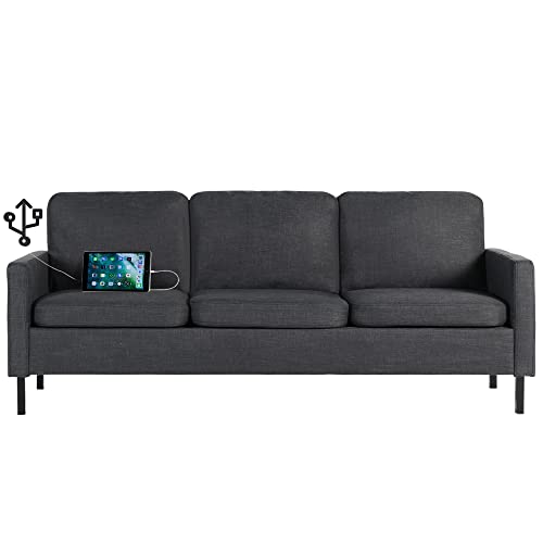 72 Fabric 3-Seater Couch with USB Ports for Small Spaces