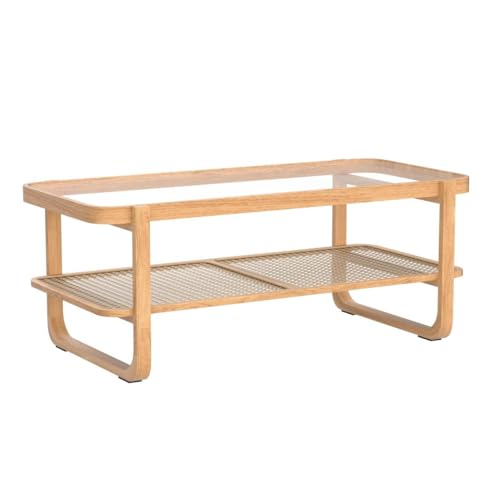 Simplified title: Modern Rattan Coffee Table with Glass Top and Shelf