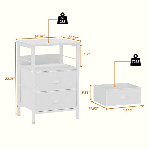 White Nightstand with Fabric Drawers and 2-Tier Shelf for Bedroom/Living Room/Hallway