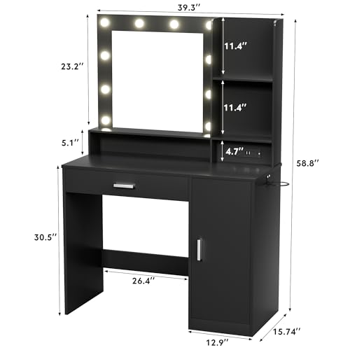 Black Makeup Vanity Desk with Mirror, Lights, Drawers & Cabinet