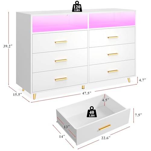 White LED Dresser for Bedroom, 6-Drawer Wood Chest of Drawers