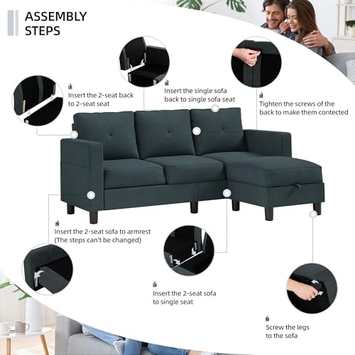 79 Inch Modern Linen Sectional Sofa with Reversible Chaise for Living Room, Apartment, Small Space - Dark Grey