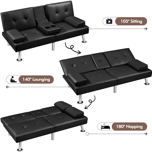 Modern Convertible Sofa Bed with Adjustable Recliner, Cup Holders, and 3 Angles for Guests - Black