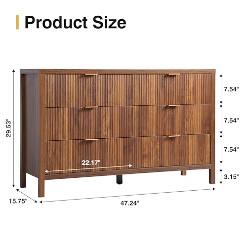 Modern 6 Drawer Double Dresser for Bedroom, Walnut