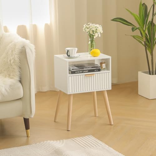 Modern White Nightstand with Charging and Drawer