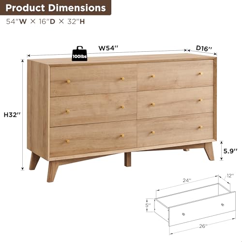 Mid Century Modern Oak Dresser with 6 Drawers for Bedroom or Living Room
