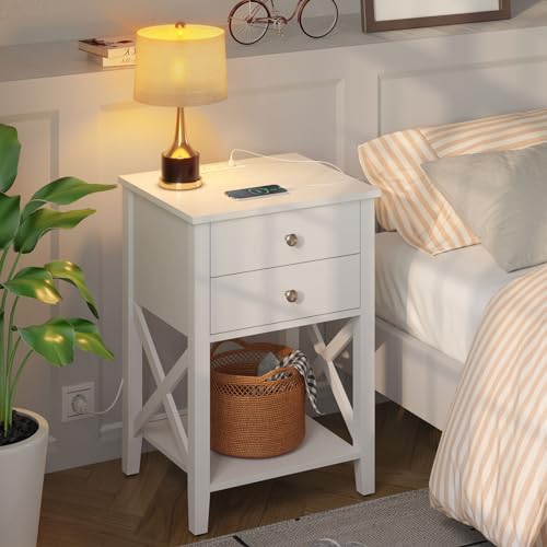 White Nightstand with Charging Station, 2 Drawers, and Power Outlets for Bedroom