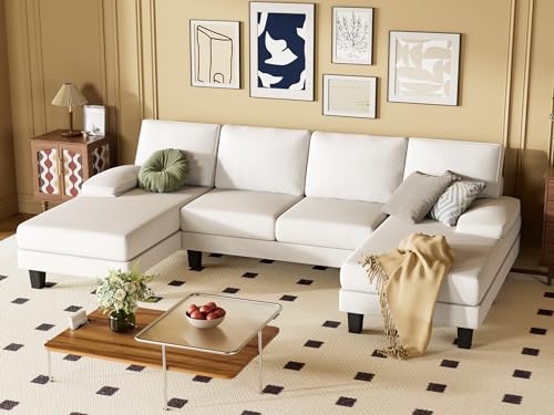 Modern U-Shaped Convertible Sectional Sofa for Living Room, Beige White