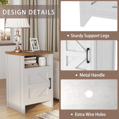 Modern Farmhouse Nightstand with Barn Door and Shelf for Bedroom/Living Room (Set of 2, White)