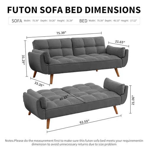 Modern Convertible Futon Sofa Bed with Adjustable Backrest - Dark Gray, 75 Wide - For Small Spaces and Bedrooms