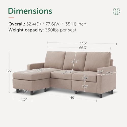 L Shaped Sectional Sofa for Small Spaces, Dark Beige
