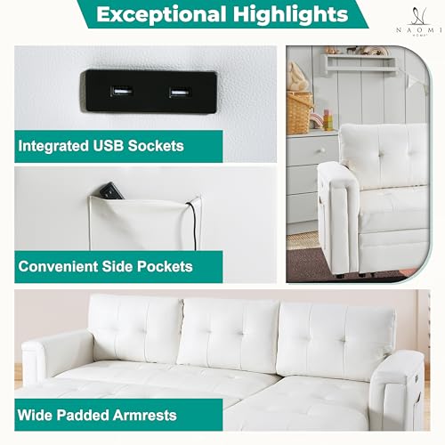 Modern White Sectional Sleeper Sofa with USB Ports