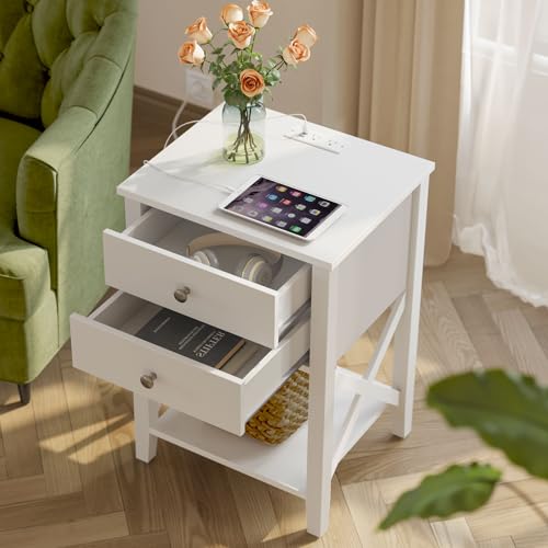 White Nightstand with Charging Station, 2 Drawers, and Power Outlets for Bedroom