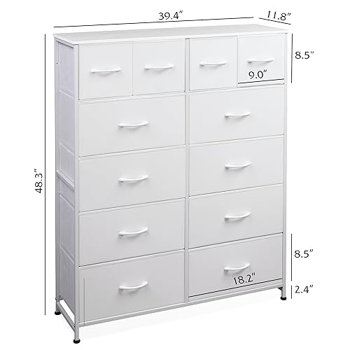 12-Drawer Fabric Tall Dresser for Bedroom Storage, White.