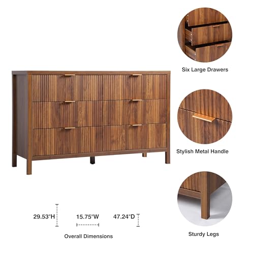 Modern 6 Drawer Double Dresser for Bedroom, Walnut