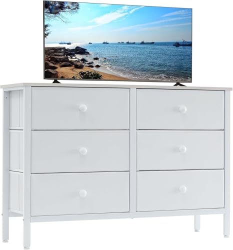 Metal Frame White 6-Drawer Dresser for Kids & Nursery TV Stand