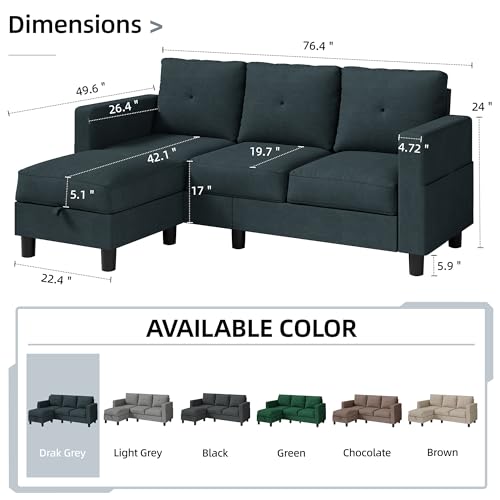 79 Inch Modern Linen Sectional Sofa with Reversible Chaise for Living Room, Apartment, Small Space - Dark Grey