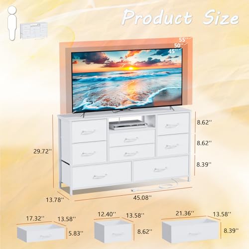 White Dresser with Power Outlet for 55 TV Stand & 8 Drawers - Ideal for Bedroom, Living Room, Entryway, Hallway, or Closet