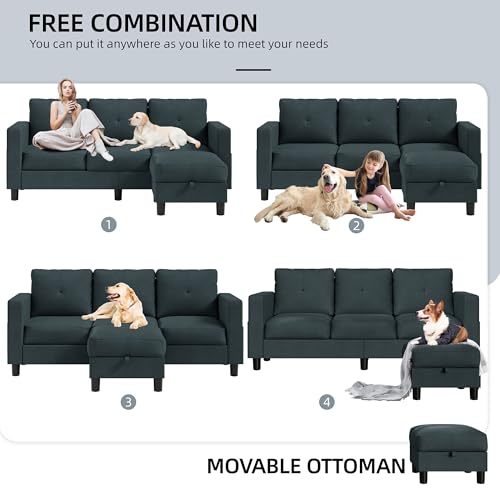 Luxury 79" Dark Grey Linen Reversible Chaise Sectional for Living Room