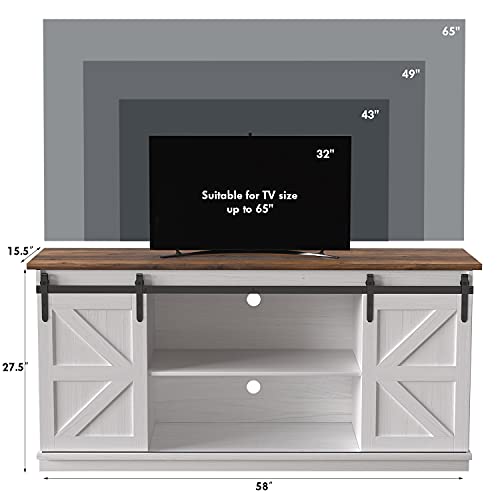 Modern White TV Stand for 65 Inch TV with Storage Cabinets and Sliding Barn Doors