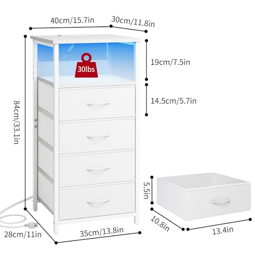 White Nightstand with Charging Station and USB Ports for Bedroom