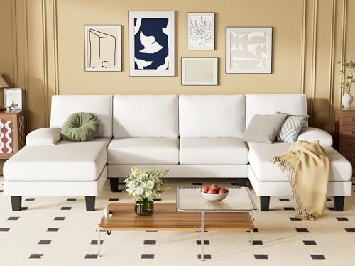 Modern U-Shaped Convertible Sectional Sofa for Living Room, Beige White