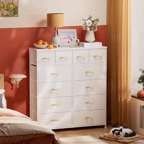 White Fabric Dresser with 12 Drawers for Bedroom