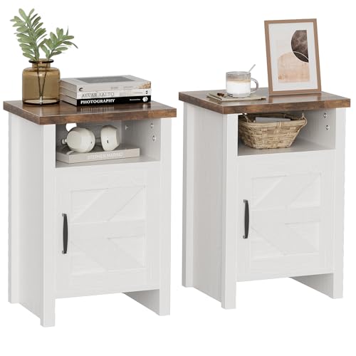White Farmhouse Modern Nightstand with Barn Door, Set of 2