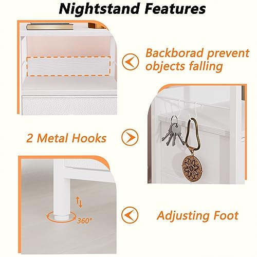 Fabric Drawers & 2-Tier Shelf White Nightstand for Bedroom/Living Room/Hallway
