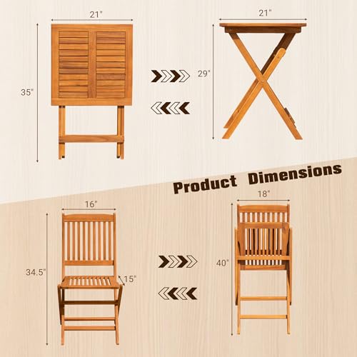 Outdoor Patio Bistro Set for Balcony or Lawn: 3 Piece Folding Acacia Wood Chairs with Cushion
