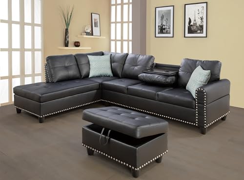 6 Seater Black Faux Leather Sectional Sofa with Storage Ottoman