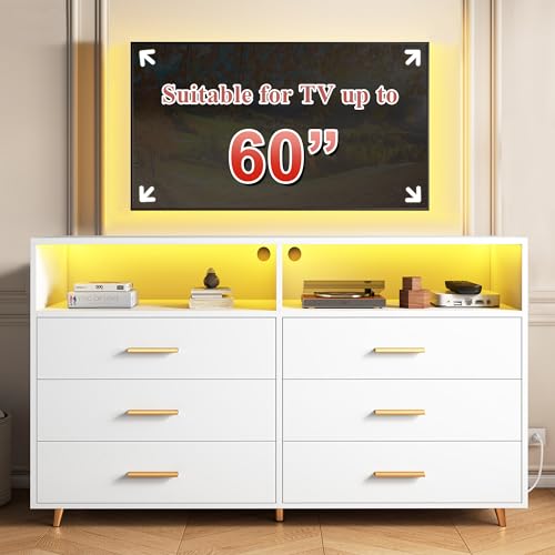 White LED Dresser for Bedroom, 6-Drawer Wood Chest of Drawers