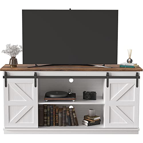 Modern White TV Stand for 65 Inch TV with Storage Cabinets and Sliding Barn Doors