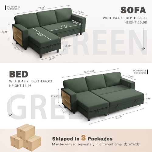80 Sleeper Sofa Bed with Storage Chaise and USB Ports for Living Room or Apartment (Green)