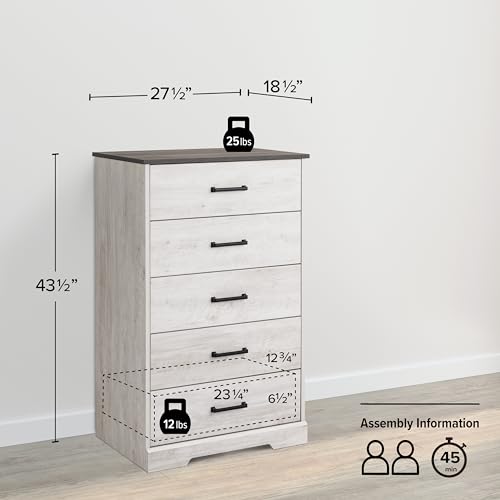Rustic Ridge Farmhouse Dresser - White Washed Bedroom Chest of Drawers (5 Drawers)