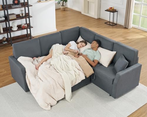 Jocisland 85-Inch Sleeper Sofa with Pull Out Bed & Storage, Grey Linen L-Shape Sectional for Living Room Apartment