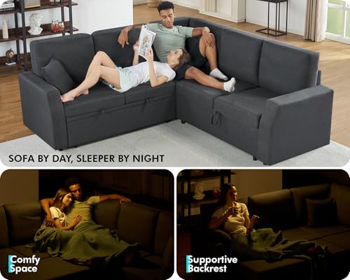 Compact 85 Inch Sofa Bed with Storage and Pull Out Bed for Apartments, Grey Linen