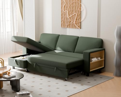 80 Sleeper Sofa Bed with Storage Chaise and USB Ports for Living Room or Apartment (Green)